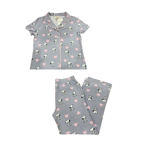 Peanuts Valentines Day Womens Snoopy Gray‎ Pajama Set With Pink Hearts Size L - Picture 12 of 15